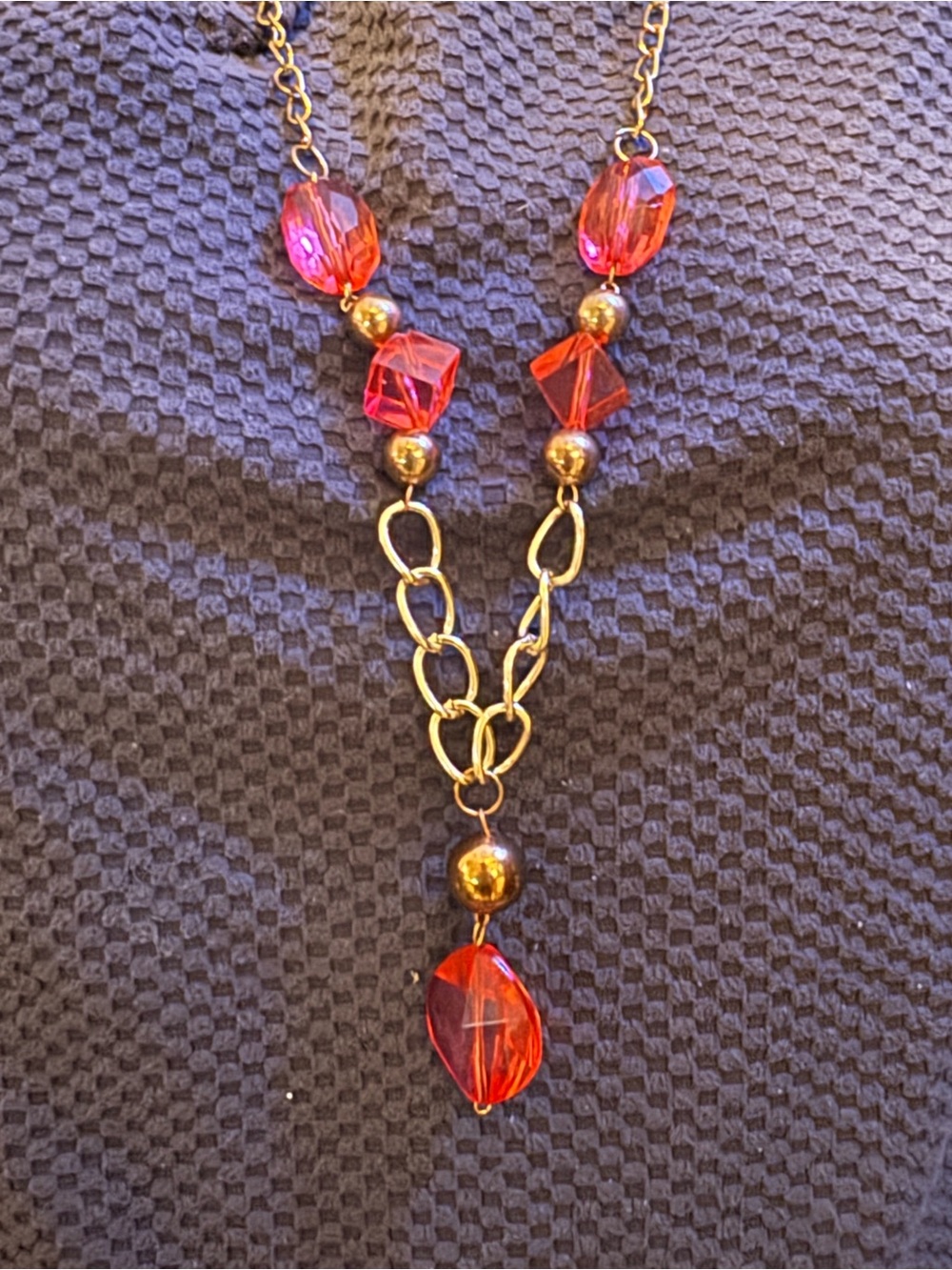 Gold Chain Necklace with Red Faceted Beads